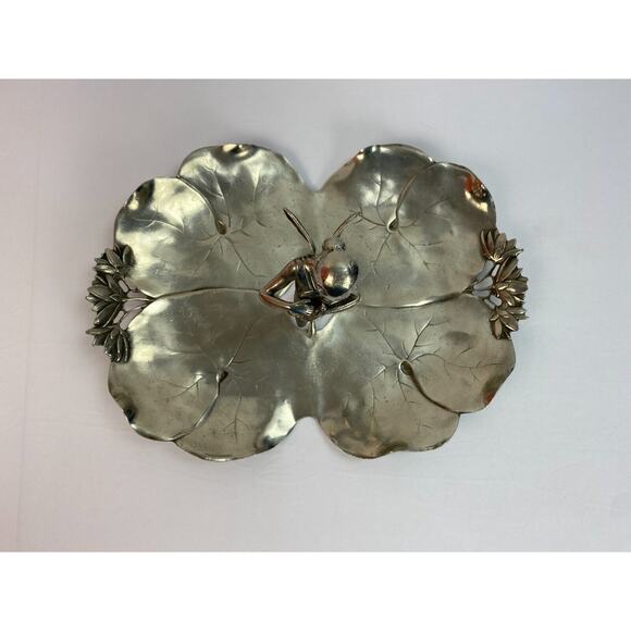 Antique Art Nouveau Pewter Fairy with Dove Lily Pads Sculpture Centerpiece Tray - Picture 4 of 12
